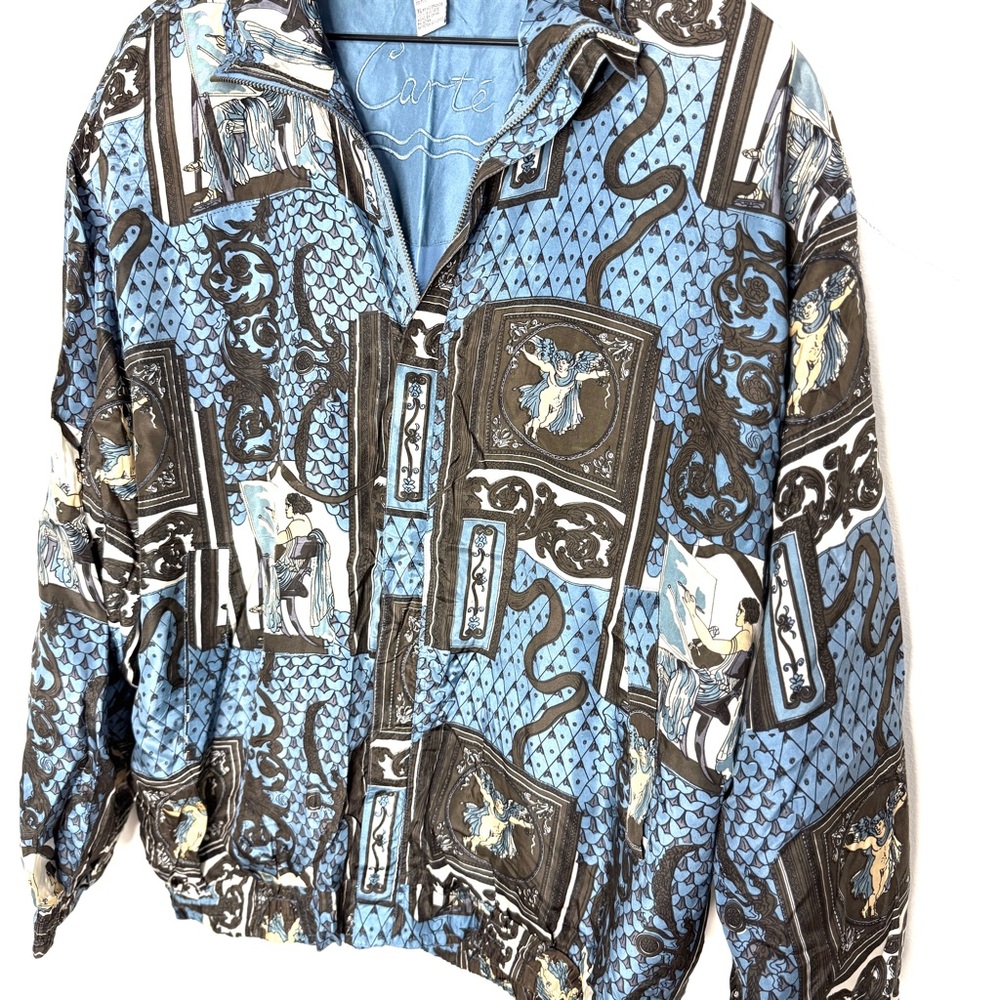 RARE Carte 100% SILK Art Print Bomber Jacket XL | Vintage 90s Renaissance Style - Picture 6 of 10